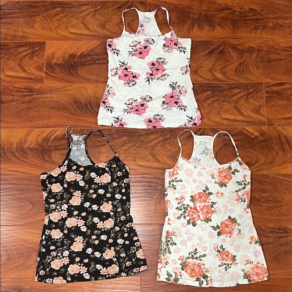 Garage Floral Racer Back Tank Tops - White, Black, Cream